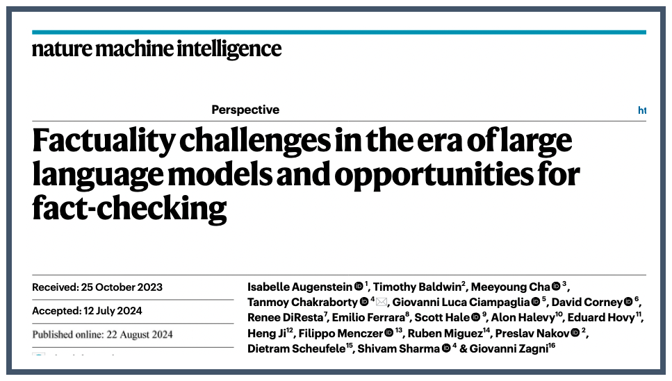 Screenshot of paper heading: Nature Machine Intelligence. Factuality challenges in the era of large language models and opportunities for  fact-checking