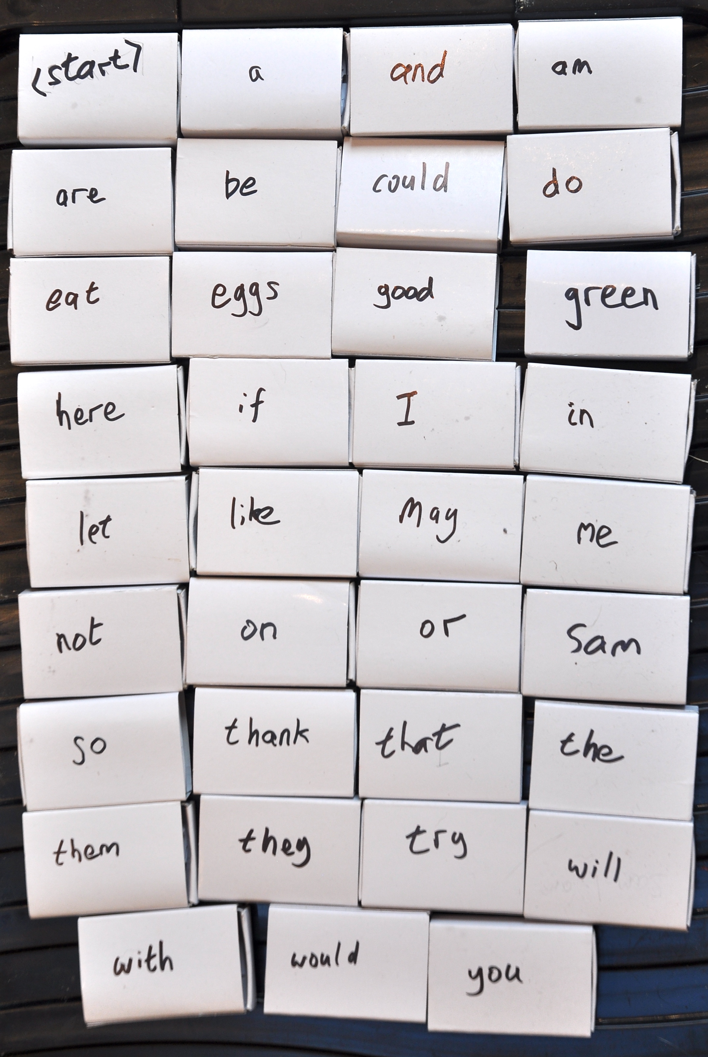 35 white matchboxes each with a word written on the top
